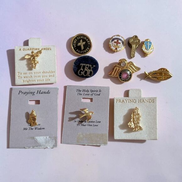 Jewelry - Vintage Religious Lapel Pin Lot Praying Hands Guardian Angel Cross Christian Pin
